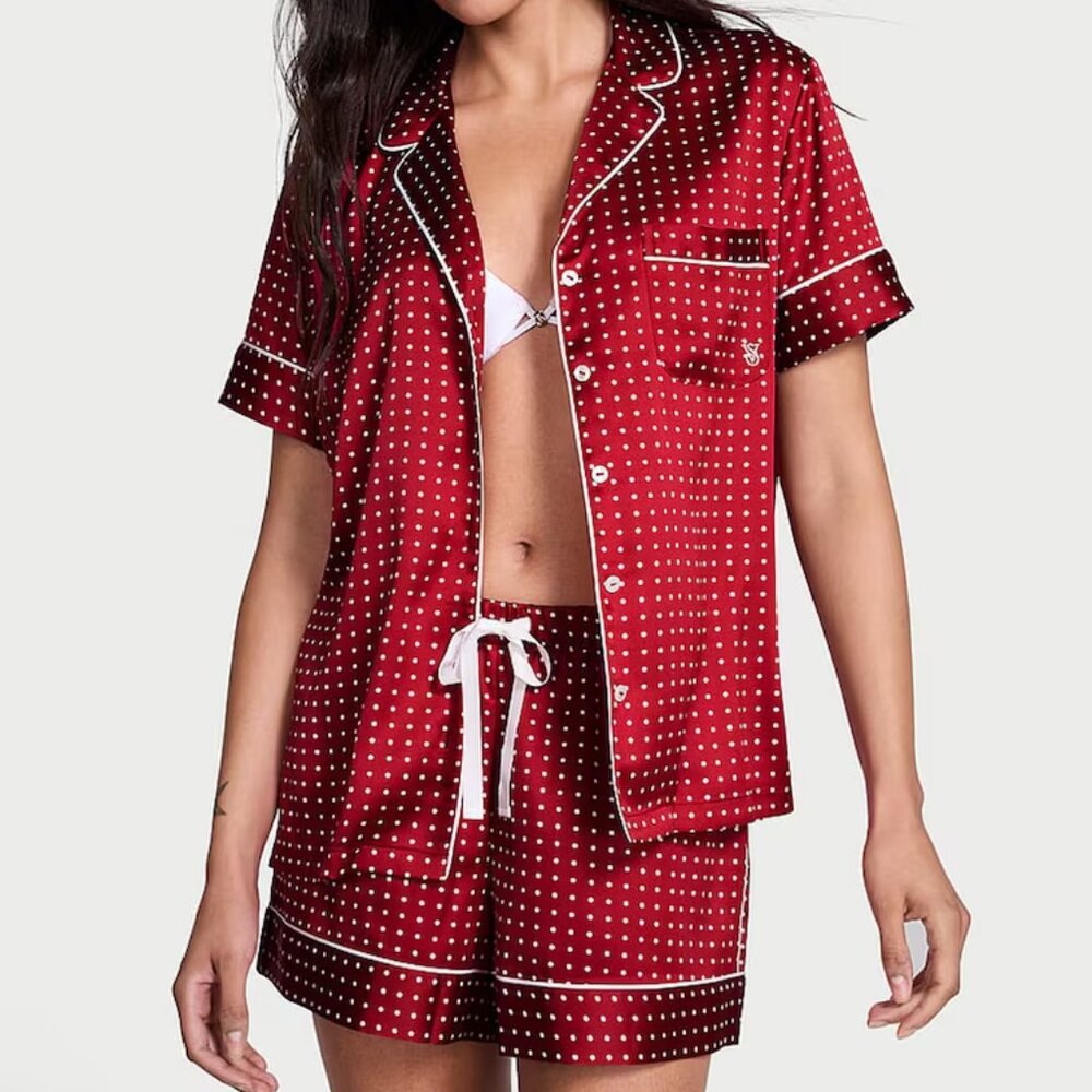 Victoria's Secret Satin Short Pajama Set in Size Large Red Lacquer Polka Dot NWT